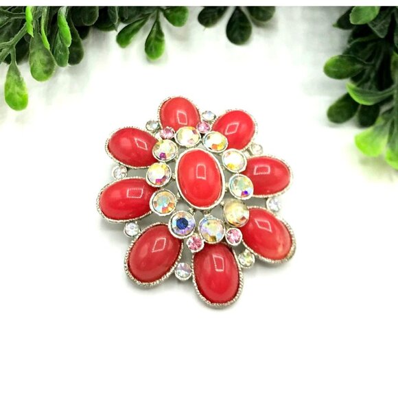 Vintage-Inspired Red Floral Rhinestone Brooch Pin Silver Tone Backing - Picture 2 of 5